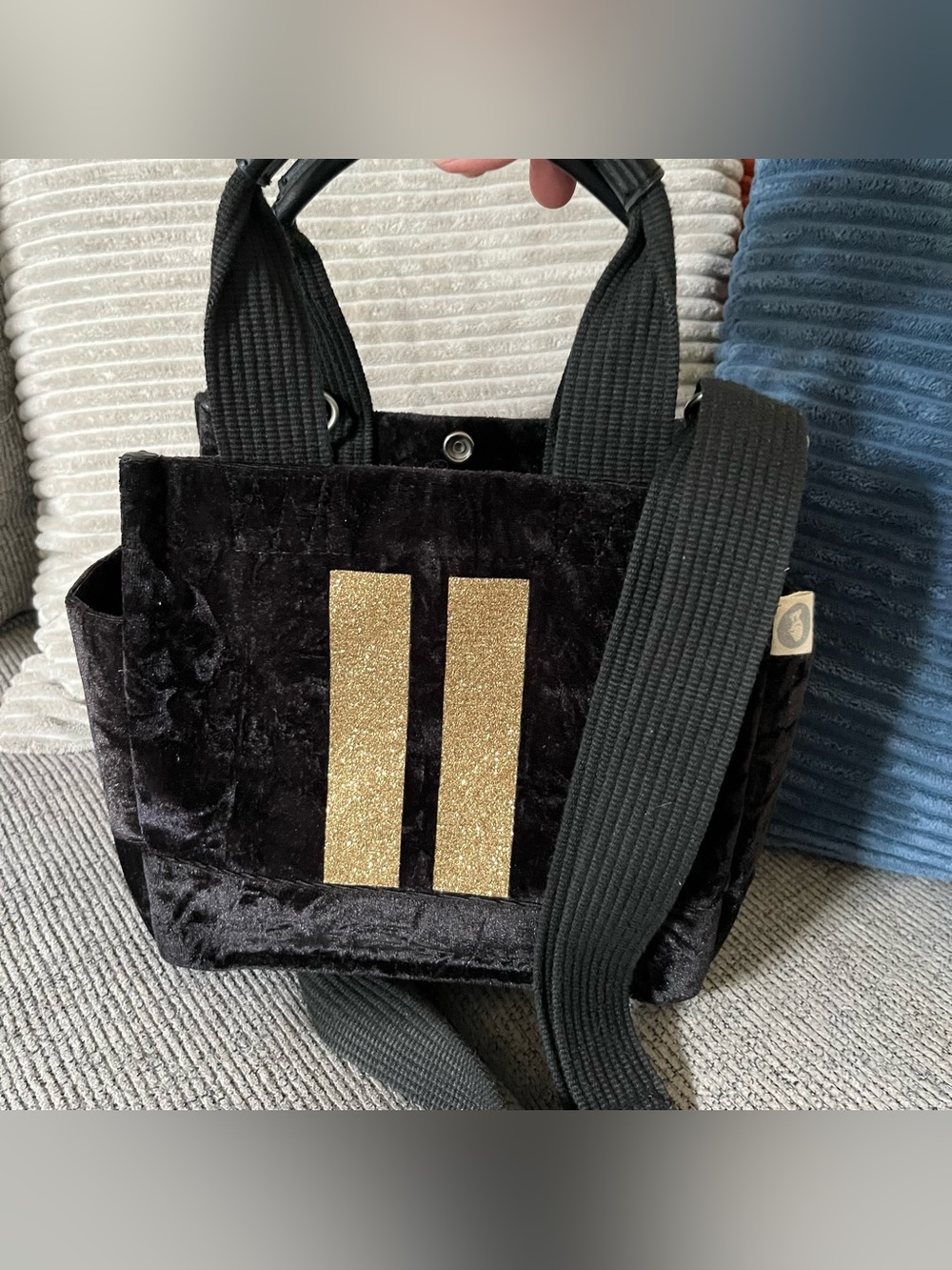 Koala Kanvas black velvet mini Lux tote gold striped handbag convertible